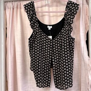 NWT JCREW black white floral button down lined ruffle strap tank top, red accent